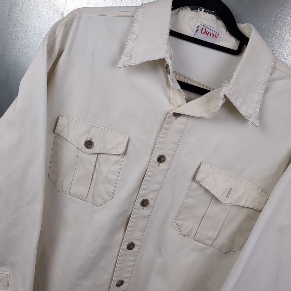 Orvis Vintage Fishing Outdoor Camping Distressed Off White Button Up Shirt XL